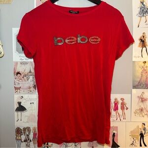 Bebe Blinged-Out Red Logo Tee